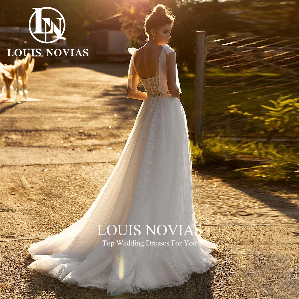 LOUIS NOVIAS A-Line Wedding Dresses Sexy Bow Stunning Spaghetti Straps Sleeveless Sweetheart Lace Wedding Gown Vestidos De Novia