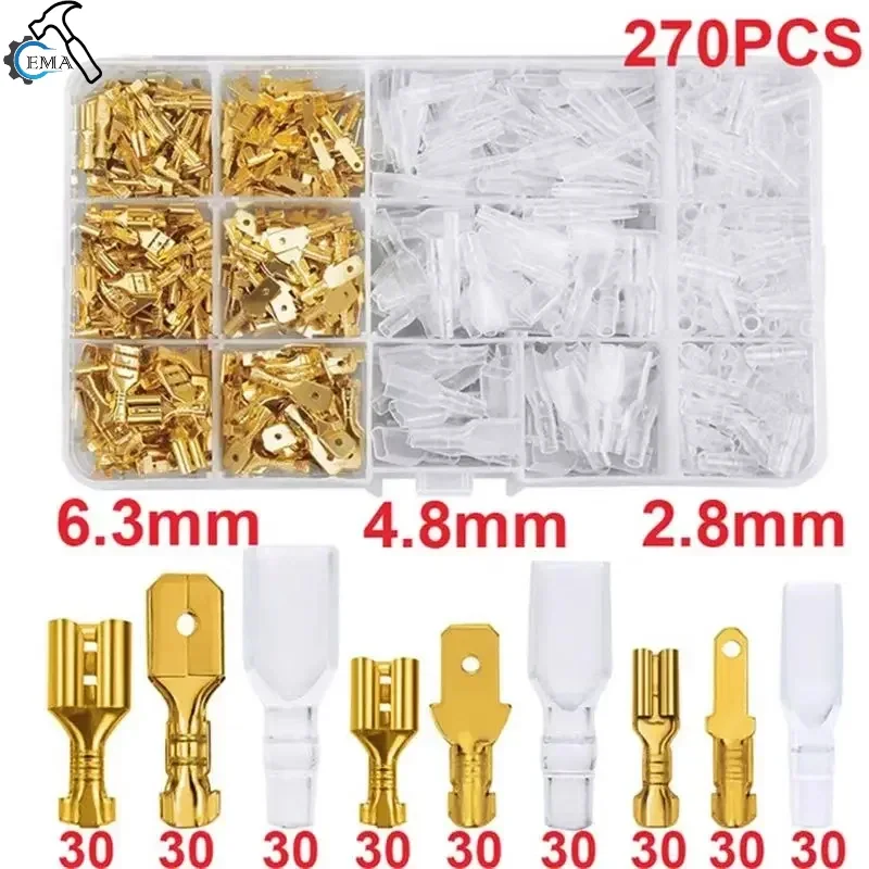 Box Insulated Male Female Wire Connector 2.8/4.8/6.3mm Electrical Crimp Terminals Termin Spade Connectors Assorted Kit 270PCS