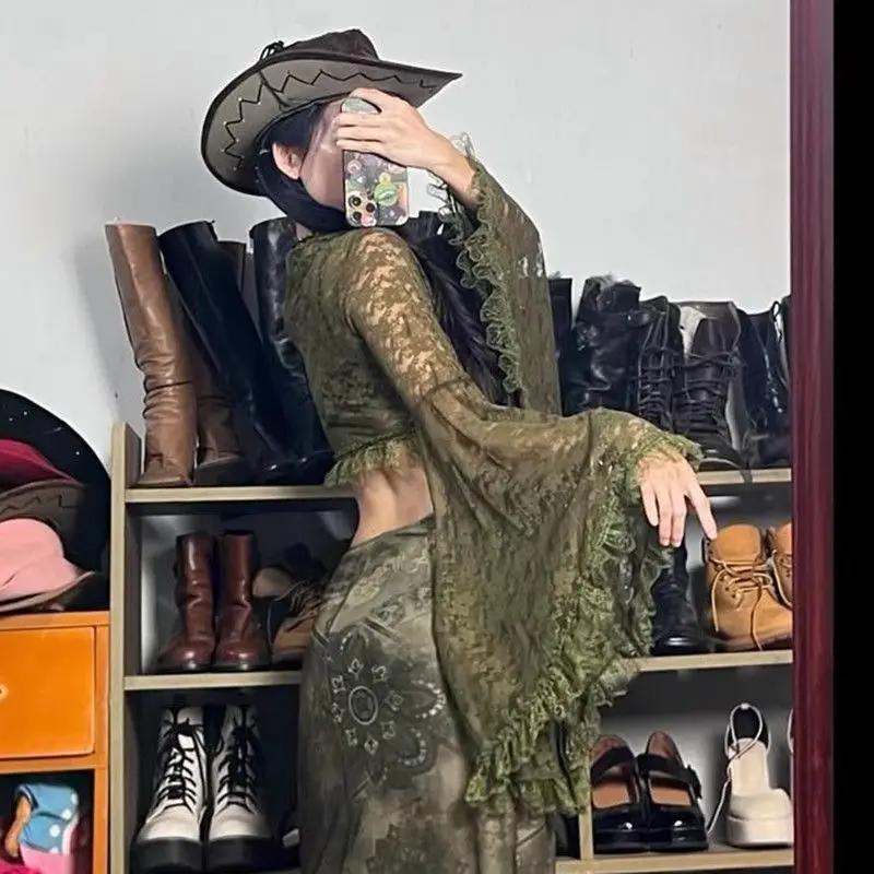 

Green Lace Tied Cardigan Women Autumn V Neck Transparent Flared Sleeve Crop Tops Gothic Y2k Fashion Versatile Shirts