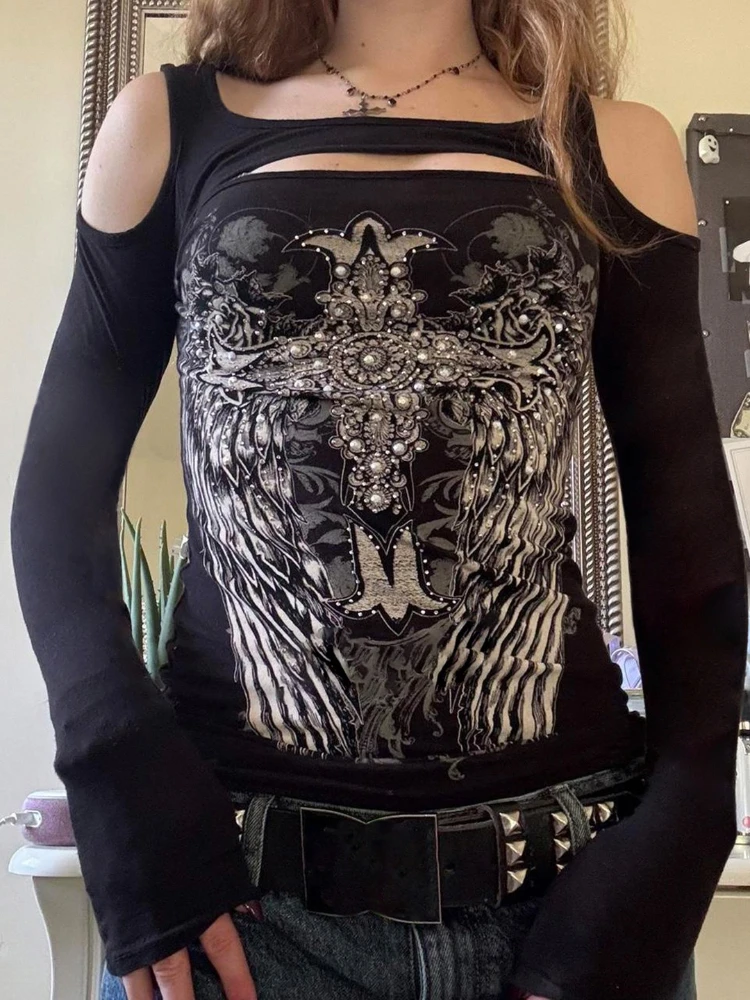 American Mall Goth Vintage Streetwear T-shirt Women Y2k E-girl Aesthetic Wing Cross Printed Long Sleeve Hollow Out Crop Tee Tops