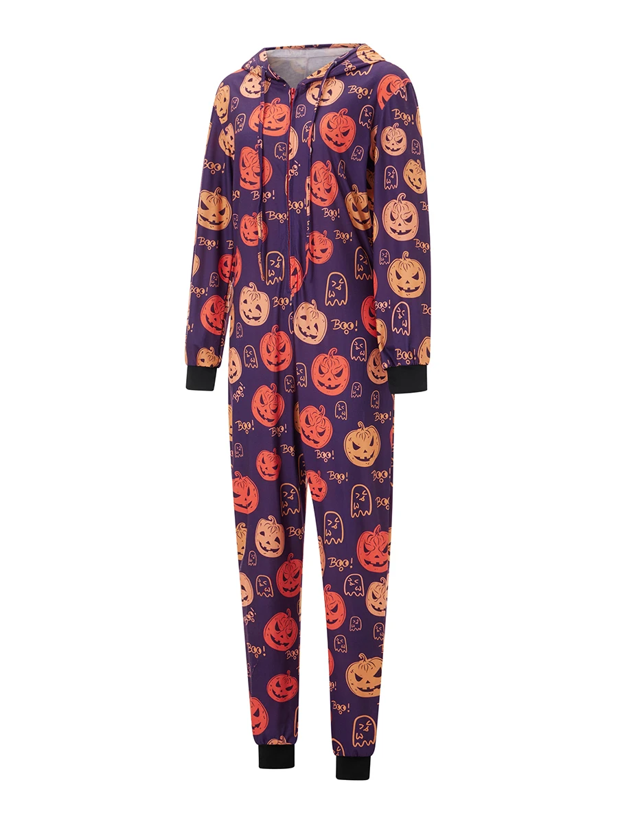 Women Men Couples Christmas Pajamas Jumpsuit Pumpkin Deer Santa Print Long Rompers Sleepwear Hooded Halloween Nightwear