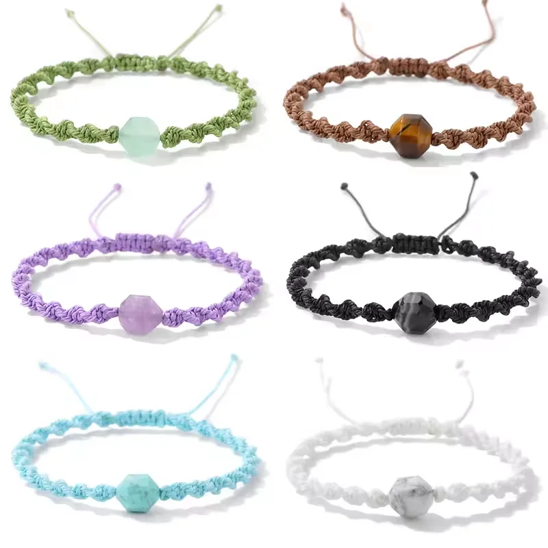 Natural Amethyst Gemstone Beads Bracelet Healing Crystal Natural Stone Bracelet Pyramid Beads Adjustable Woven Bracelet