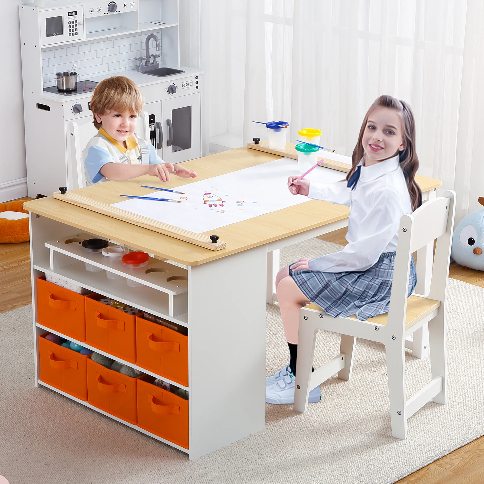 

Kids Art Table and 2 Chairs,Toddler Craft and Play Wood Activity Table with Storage Bins, Drawing Desk, Study Table & Crafts for