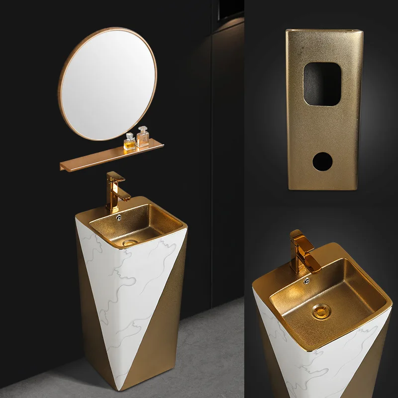 Frosted Gold Ceramic Basin Cylindrical Square Art Pedestal Basin