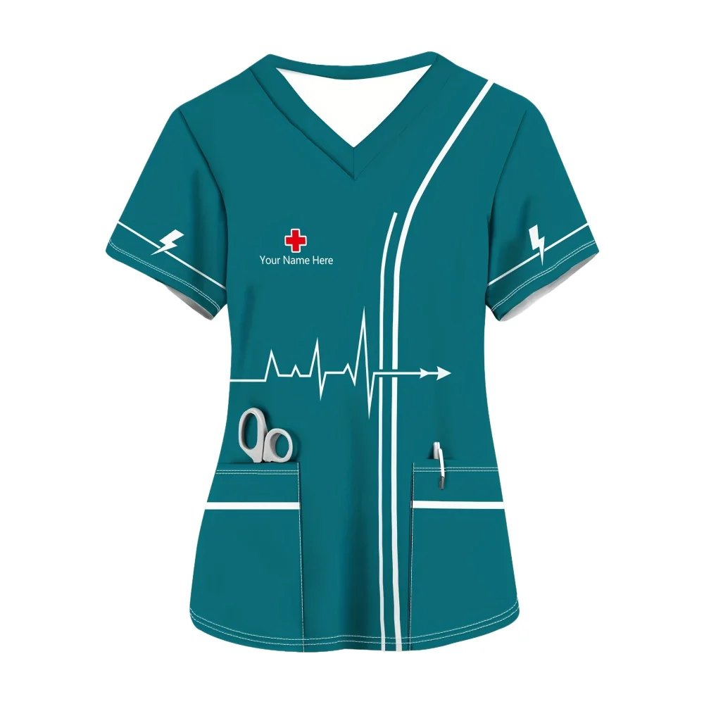 الزي الجراحي امرأة مريحة الخامس الرقبة قصيرة الأكمام جيوب أمامية مزدوجة قمم الممرضة تنوعا طباعة الزي السريري امرأة