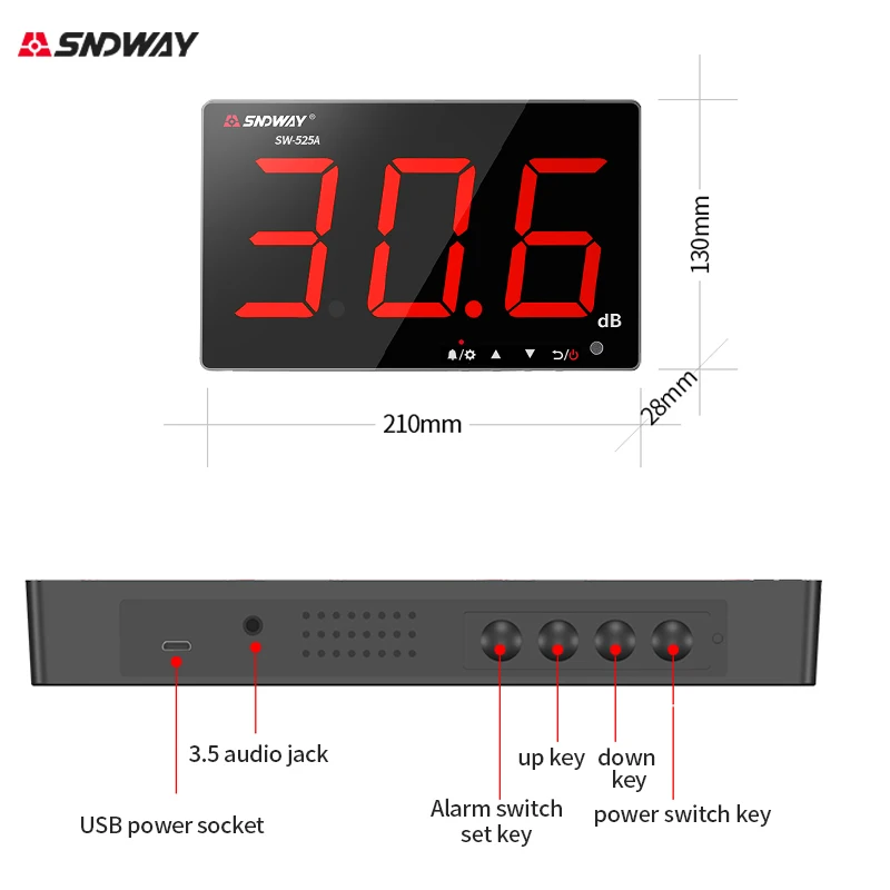 SNDWAY Digital fonometro SW-525A a parete Decibel metro 9.6 pollici 30-130dB grande schermo appeso tipo rumore dB metro