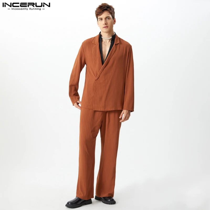 INCERUN 2024 American Style Fashion Sets Mens Long Sleeved Suit Pants Casual Solid Slanted Placket Design Striped Two-piece Sets