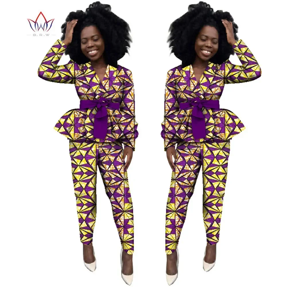 

Bintarealwax Autumn African Women Pant Sets Dashiki Elegant Set for Women Pants & Crop Top Plus Size African Clothes WY1840