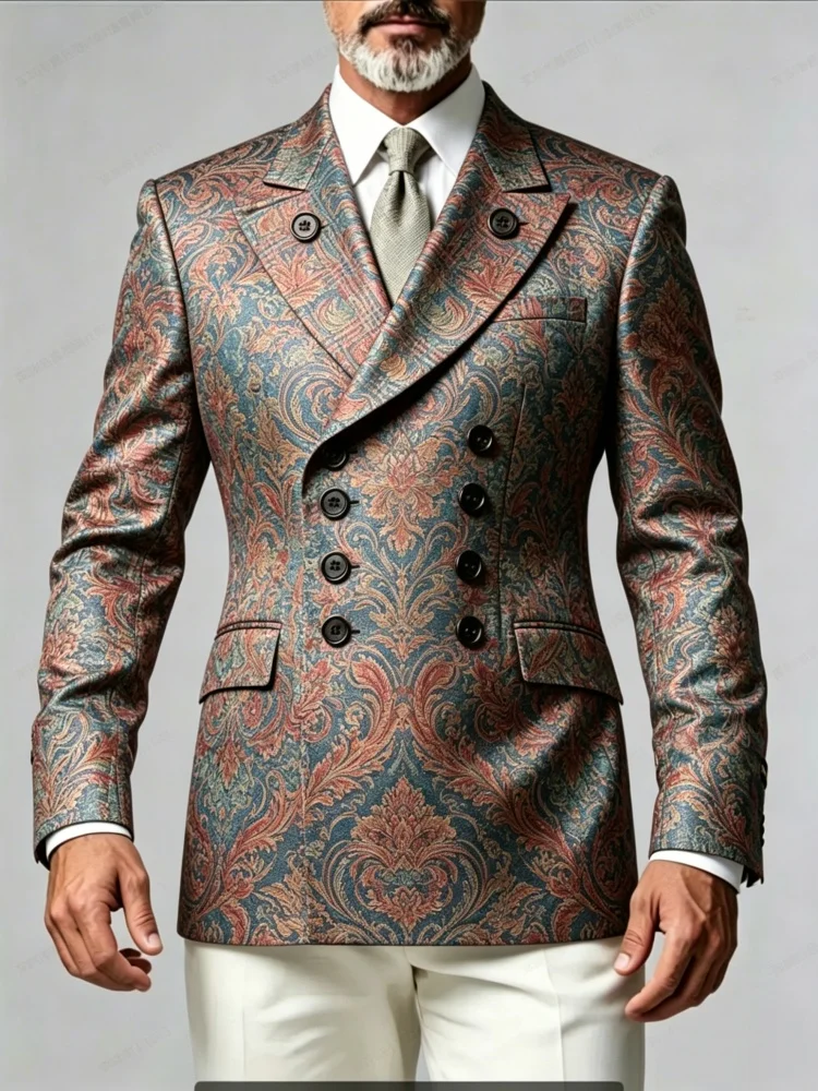 Mens Slim Fit Vintage Paisley Jacquard Double Breasted Suit Jacket Elegant Business Blazer