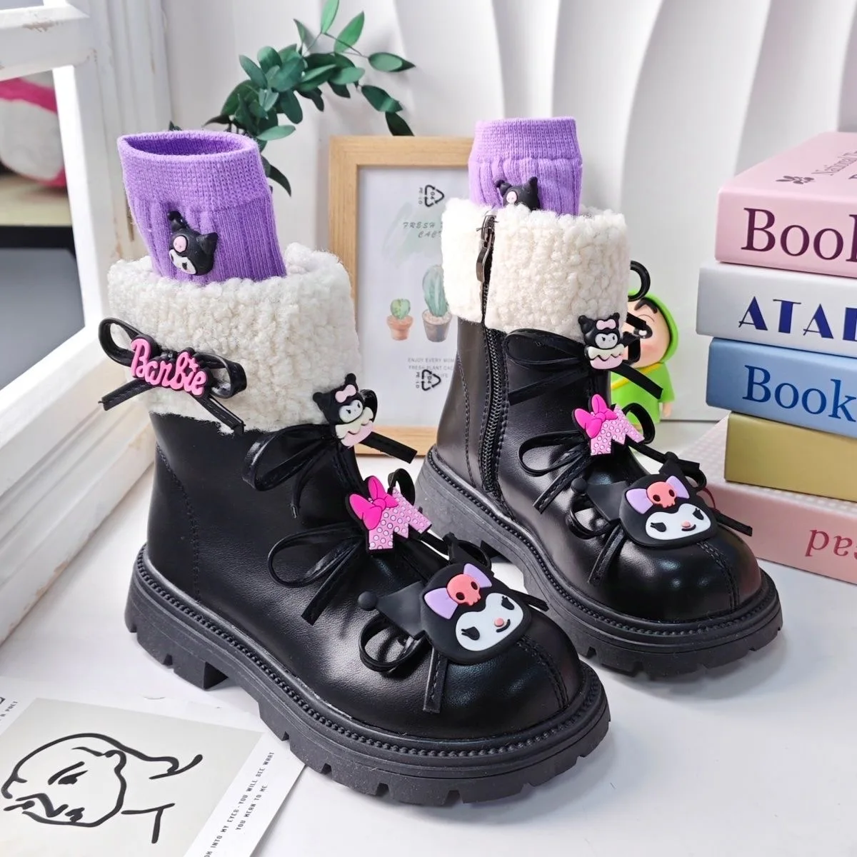 

Children's cotton boots Kuromi winter girls' boots small fragrant style short boots leather waterproof Martin boots