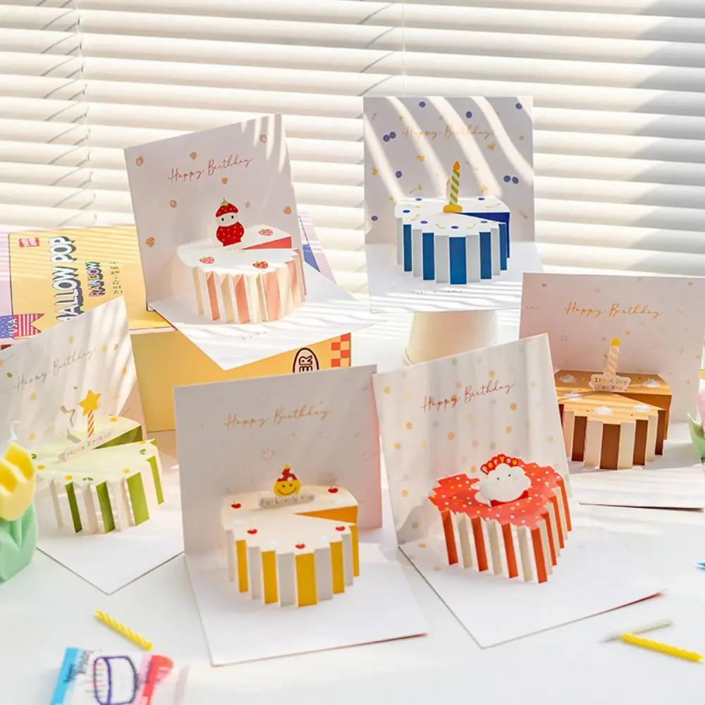 

3D Creative Kawaii Birthday Cake Card with Envelop Cartoon Celebrating Blessing Postcards Gifts Blessing Happy Birthday Card