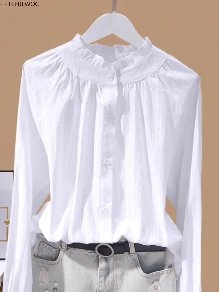 Chemises à boutons blancs, nouveau Design, mignon et doux pour filles et femmes, printemps été, longs volants, mélange de coton, hauts, 2025