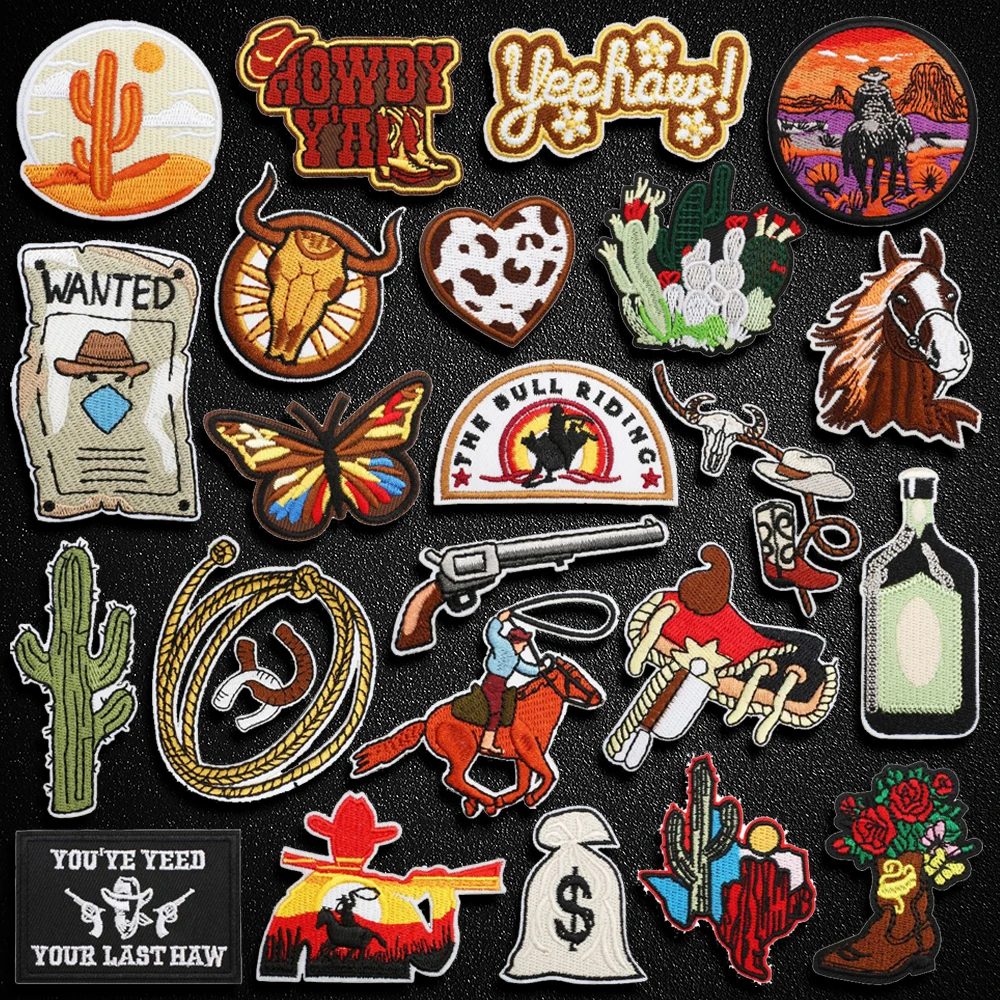 Bounty Hunter Embroidered Iron On Patches Western Cowboy Decal Steed Galloping Art Western Cowboy Bull Head Embroidered Applique