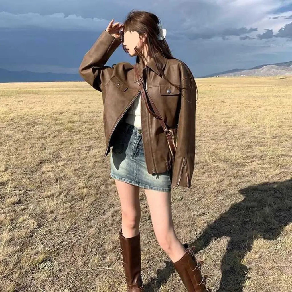 Women's Brown Leather Jacket Retro American Motorcycle Style for Small Sizes Spring/Fall New Arrival