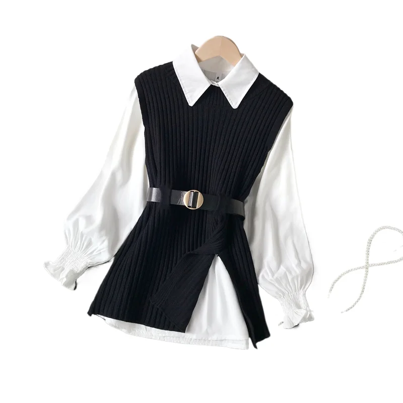 

Split Knit O-neck Vest With Belt +White Puff Sleeve Turndown Collar Shirt 2024 Spring Autumn New Shirt Top Women's Sweater Set