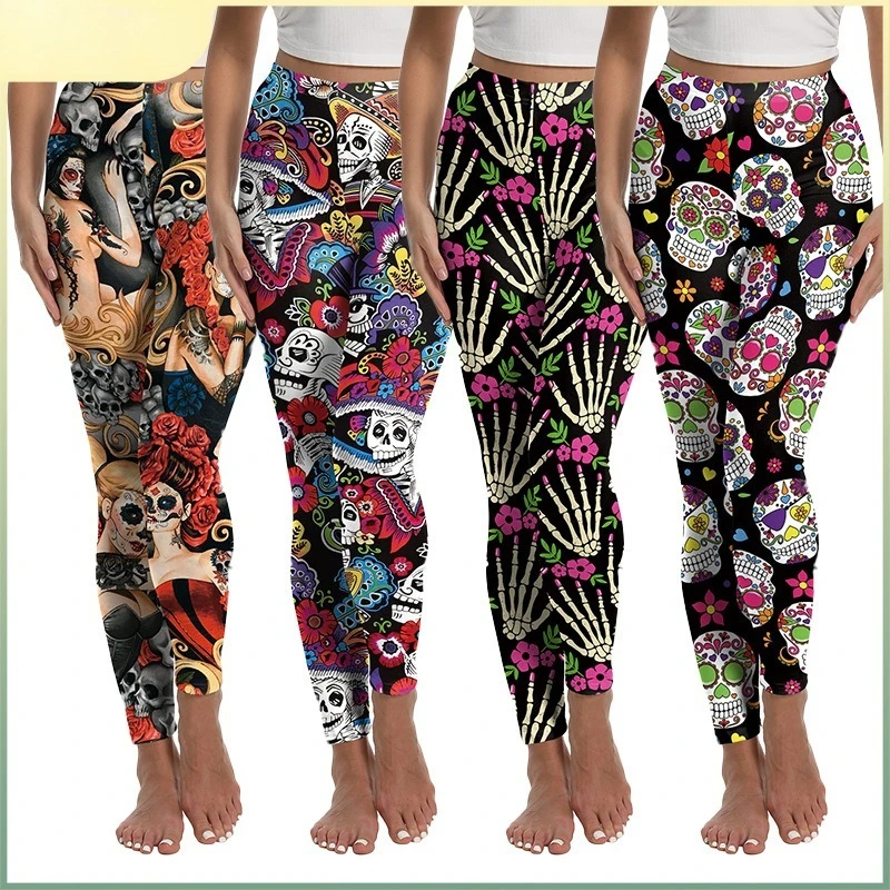 

Halloween Leggings Woman Flower Skeleton Digital Print Yoga Sports High Elasticity Leggings Mujer Tights Trousers Woman Clothing