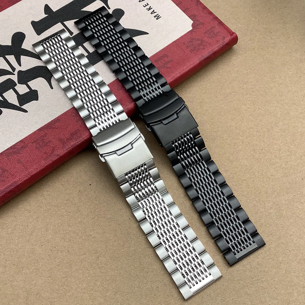 20mm 22mm 24mm Stainless Steel Diving Steel Strap for Men Women Professional Metal Bracelet Watch Folding Buckle Black Silver