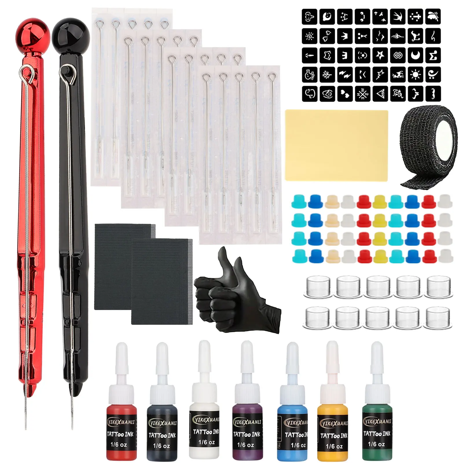 Complete Hand Poke Tattoo Kit with 2 Manual Tattoo Pens, 7 Color Inks, Needles, Stencils, Practice Skin & Ink Cups