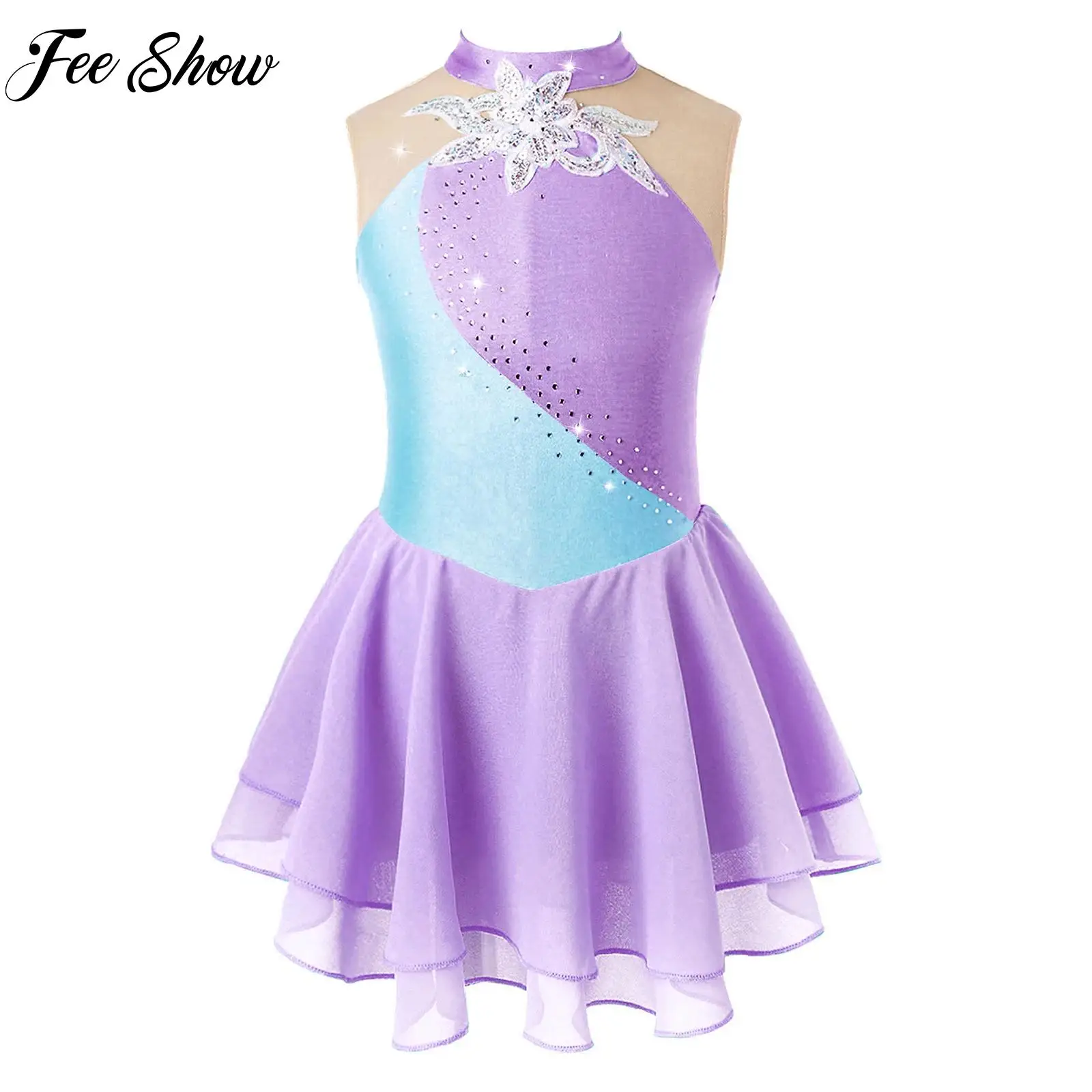 

Girls Shiny Diamond Gymnastics Leotard Sequin Floral Rhinestone Mesh Ballet Tutu Dance Dress Figure Skating Competition Costume