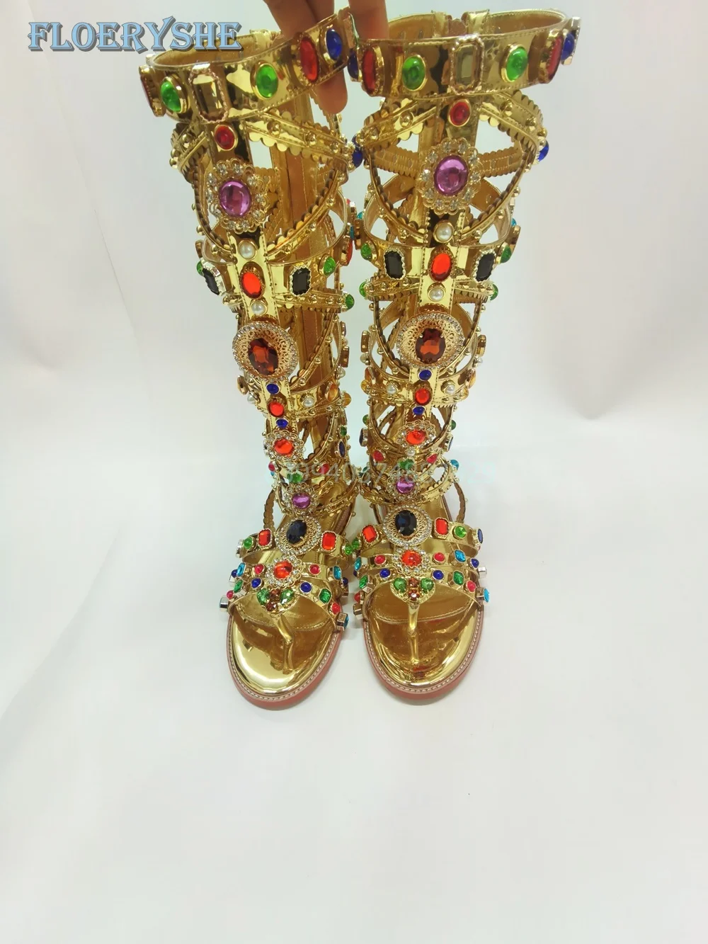 Rhinestone Luxury Sandals Hollow Split Toes Women Summers Boots Zip Gold Cat Walk 2024 New Arrivla Niche Round Toe Flats Fashion