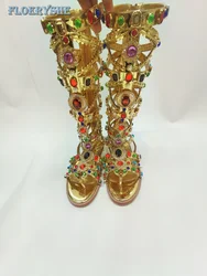 Rhinestone Luxury Sandals Hollow Split Toes Women Summers Boots Zip Gold Cat Walk 2024 New Arrivla Niche Round Toe Flats Fashion