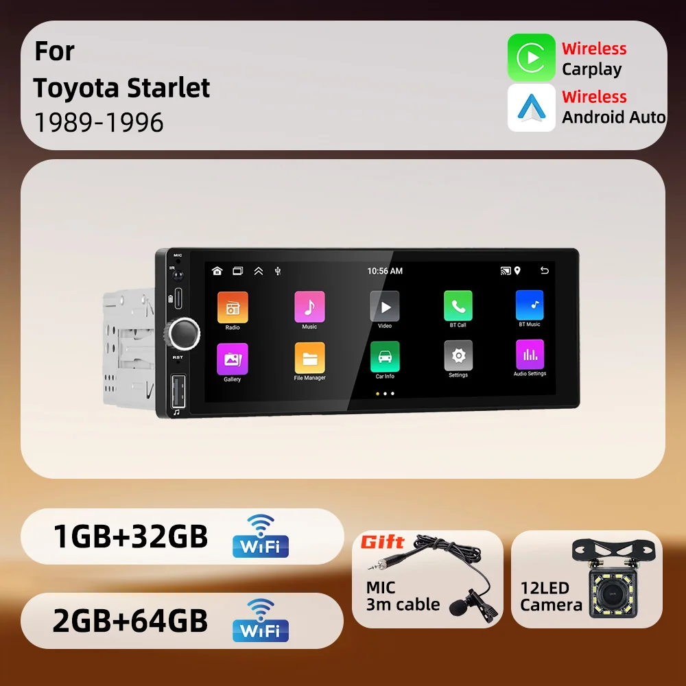 

6.86" 1 Din Car Multimedia Head Unit for Toyota Starlet 1989-1996 | Android System Carplay Android Auto GPS