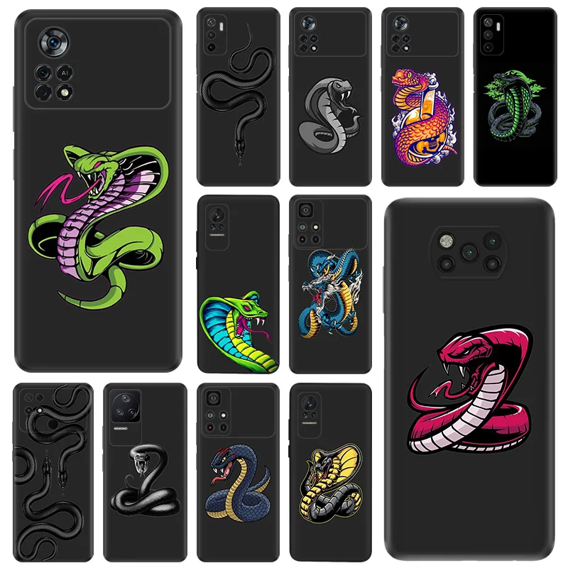 Black Matte Phone Case For Xiaomi Poco C61 M5 X5 Pro 5G C51 C50 C40 X4 X3 F5 M4 M3 F3 GT Soft Red Green Snake Cobra Python Cover