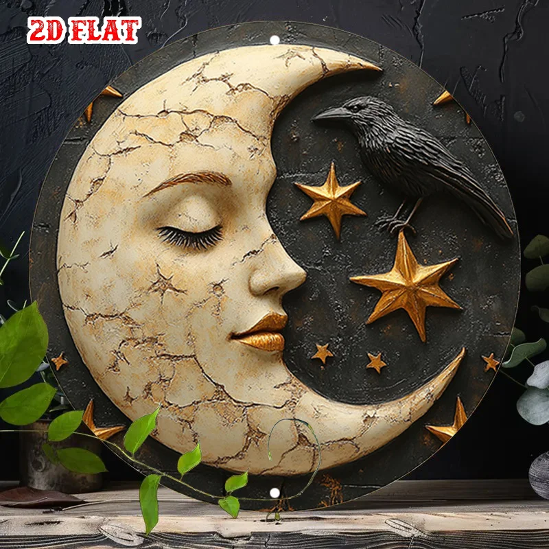 2D Flat Metal Sign Moon Face with Crow and Stars Vintage Metal Wall Art Witchy Aesthetic Tin Sign for Home Garden Patio Porch Ou