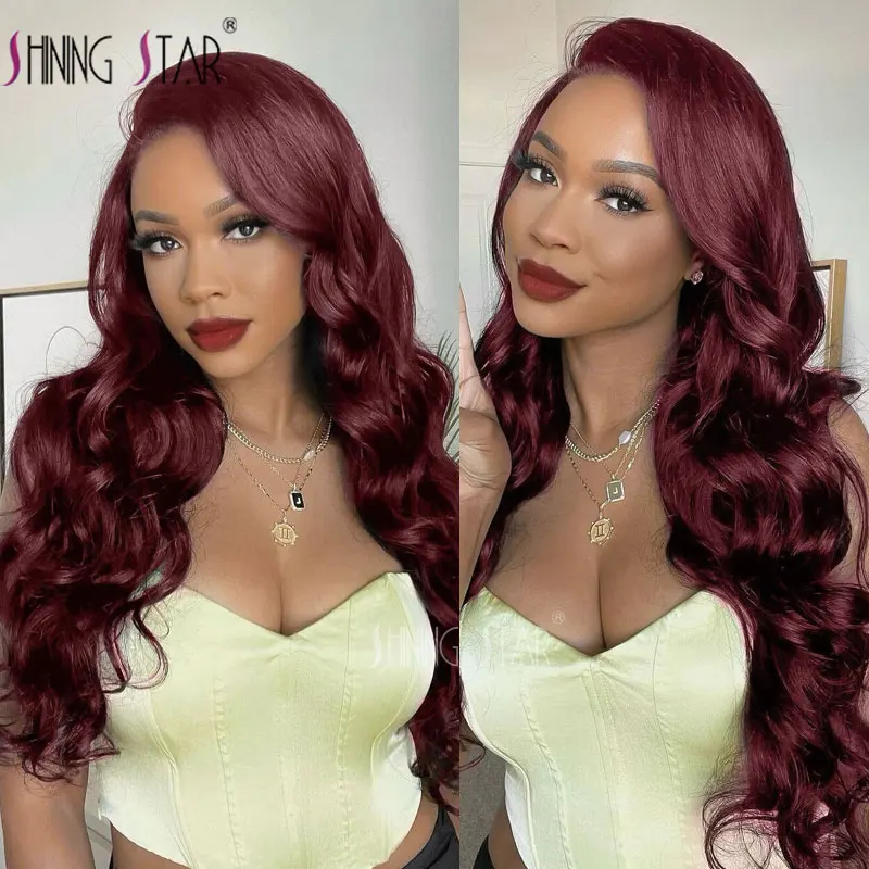 Perruque Lace Front Wig Body Wave Naturelle Bouclée, Cheveux Humains, 13x6 HD, Bordeaux, 34 Pouces, pour Femme