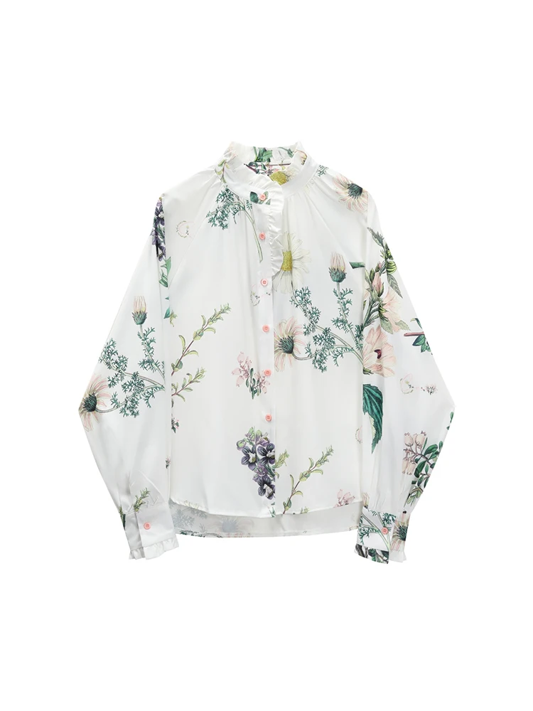 Aesthetic Vintage Floral Print Women Baggy Shirt O-neck Long Sleeve Ruffle Design Female Blouses Spring Summer Streetwear Chic