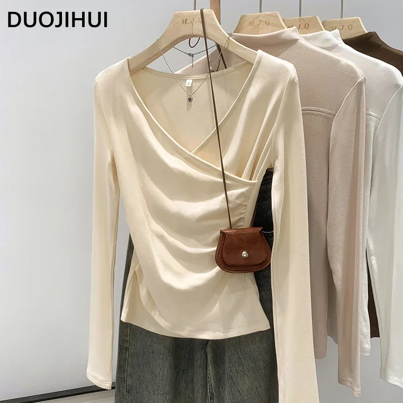 

DUOJIHUI Autumn New Irregular Slim Waist Women T-shirts Chic V-neck Simple Casual Fashion Solid Color Basic Slim Female T-shirts