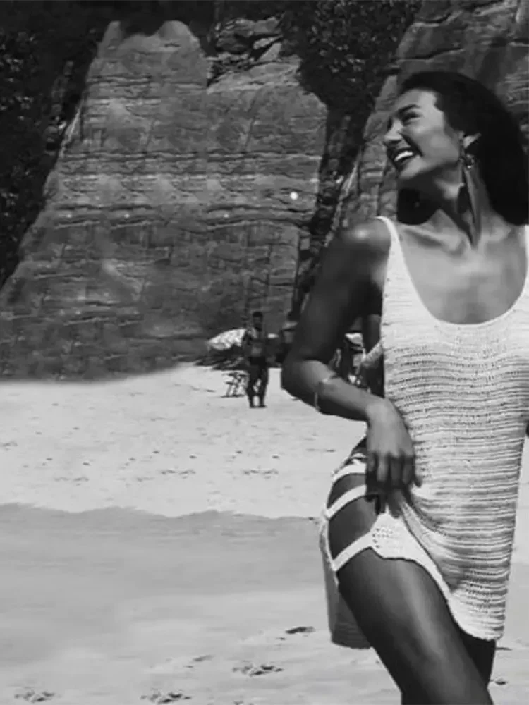 Dames sexy U-hals mouwloos gebreid horizontale strepen zijuitgesneden strand mini-jurk zomer strandkleding badpak cover-up K90