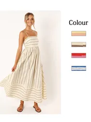Fashion Stripe Print Spaghetti Strap Dresses Women 2024 Summer New Backless A-line Long Dress Female Trendy Simple Style Vestido