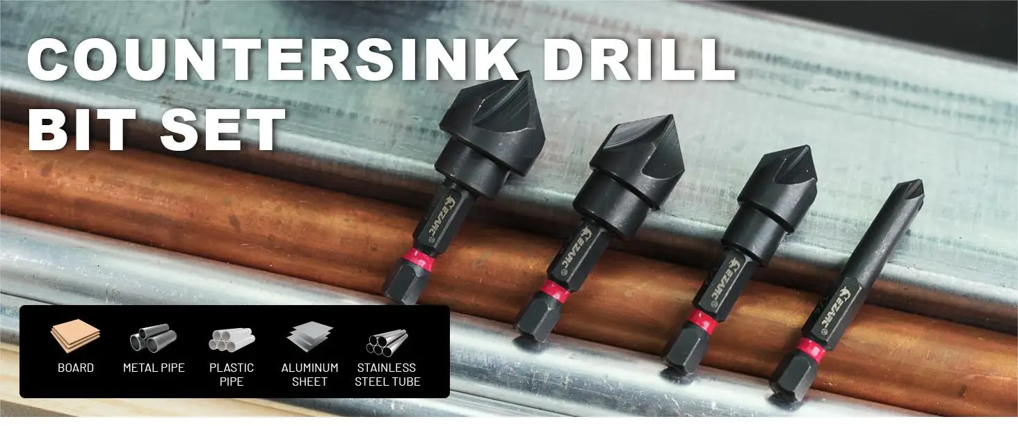 EZARC 5-teiliges Senker-Bohrerset für Metall 1/4” 3/8” 1/2” 5/8” 3/4” Senker-Bits 1/4'' Sechskantschaft 82 Grad 5-Schneiden M2 HSS – Detail 1
