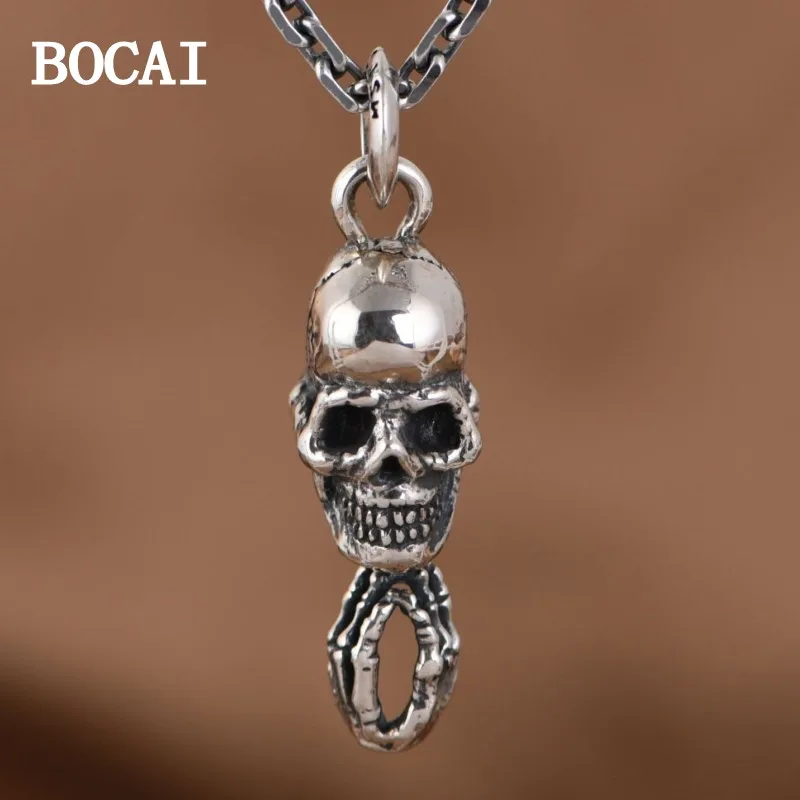 

BOCAI 2023 New S925 Retro Punk Rock Hand Skeleton Skull Pendant Men's Style Gift