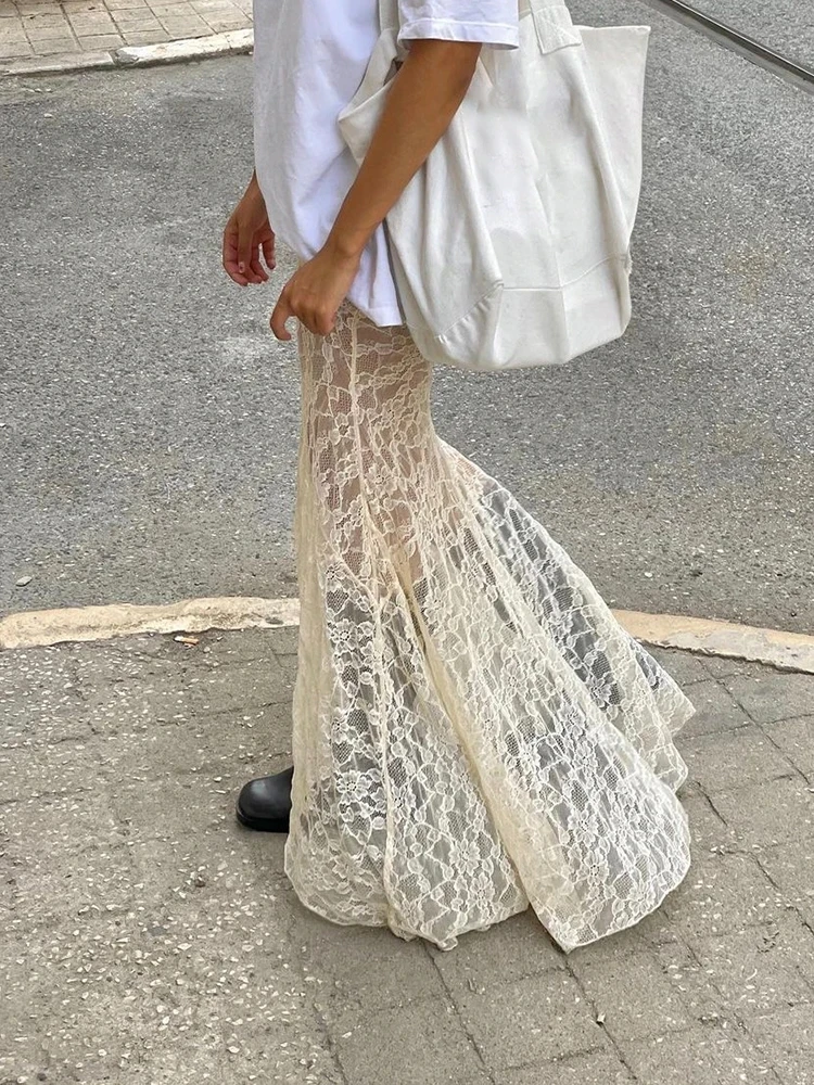 플로럴 레이스 투피스 세트 섹시 시스루 하이웨이스트 스커트 & 탑 우아한 패치워크 롱 스커트 여성 감성 의상 패션