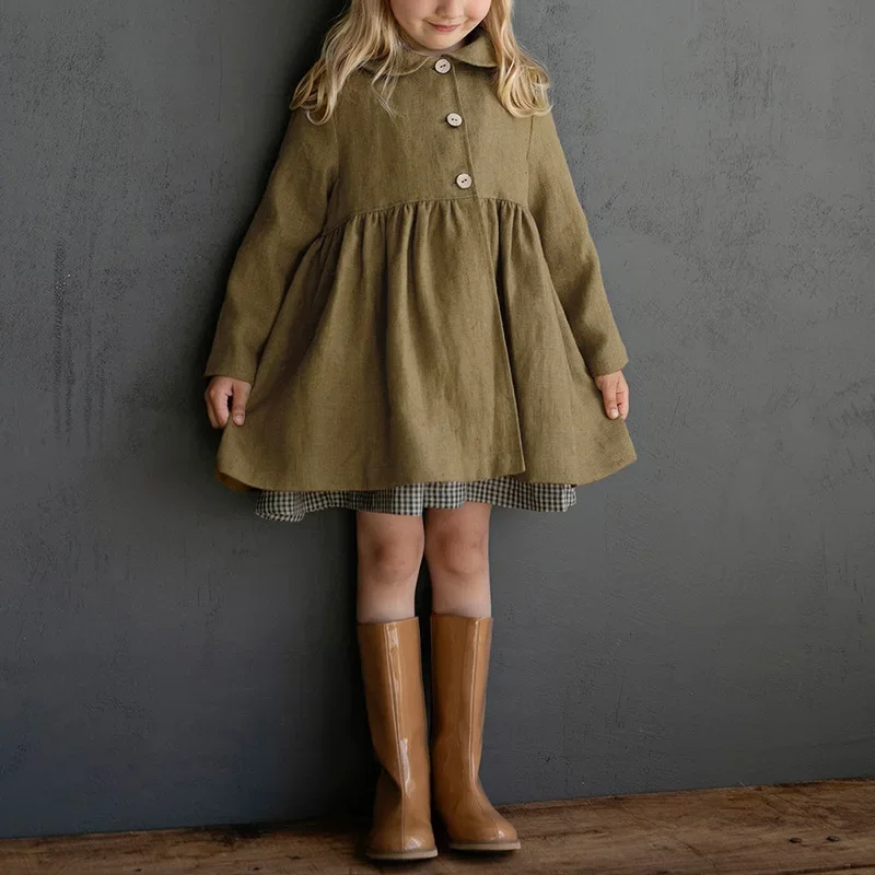 Cotton Hemp Coat Medium length Windbreaker Autumn New Girl's Doll Collar Forest Princess Style Versatile Female Baby，222530KWY