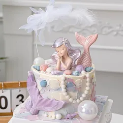 Resin Girl Mermaid Cake Topper Princess Happy Birthday Ocean Theme Shell Party Cake Decoration Baby Shower Mermaid Supplie