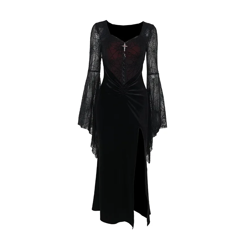 Goth Dark Weibliche Samt Beflockung Druck Flare Hülse Langes Kleid Elegante Party Kleid Spitze Splic Sexy Sheer Kleider Mall Gothic Schlank