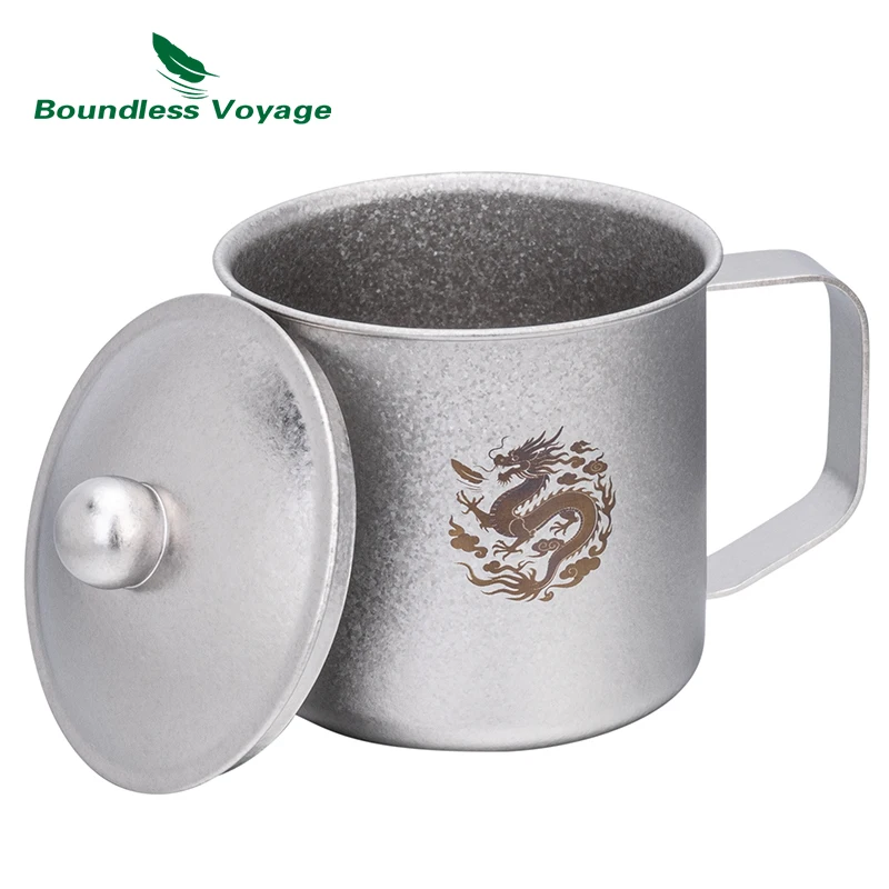 Titanium Mug with Lid Chinese Zodiac Dragon Portable Travel Camping Cup with Foldable Handle Christmas Birthday Creative Gift