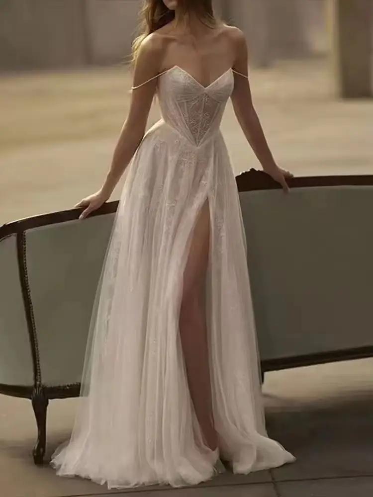 

Boho Beach A-Line Wedding Dresses Spghetti Straps Lace Split Bridal Dress Princess Wedding Ball Prom Gowns Customized