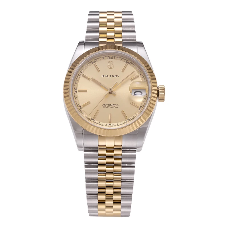 Baltany Gold Retro 36mm Wristwatch Fluted Bezel Vintage  Luminous Date Bracelet 10ATM Waterproof NH35 Automatic Dress Watch Men