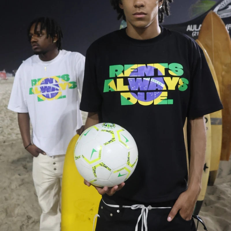 Camiseta Streetwear com Estampa da Bandeira do Brasil e Slogan 'Rents Always Due', Manga Curta, Nova, Estilo Y2K Retro Hip Hop, Unissex, Oversize