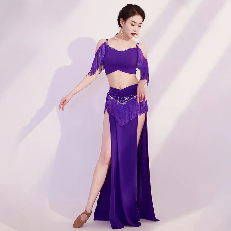 Traje de práctica de danza del vientre elegante para mujer, Top elástico de manga corta + Falda corta Irregular, ropa de actuación de danza Oriental, 2 uds.