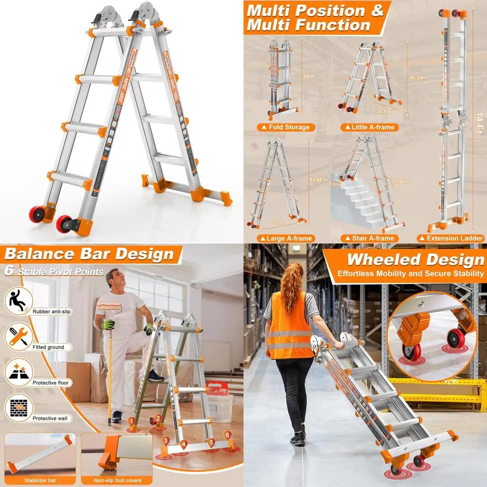 سلم تمديد قابل للطي بطول 14 قدمًا مع عجلات وقضيب تثبيت - سعة تحميل 330 رطل، سلم أمان متعدد المواضع #1