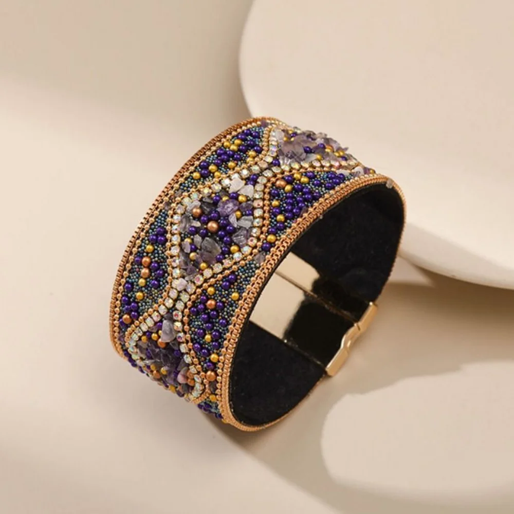 Ethnic Style Magnetic Clasp Bracelet Retro Stone Beads Rhinestone Women's Bracelet Acrylic Beads Magnetic Closure