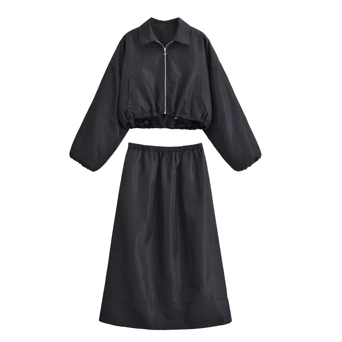 

HH Women Casual Suits Zipper Turn-down Collar Pockets Long Sleeves Short Jacket+Elastic Waist Pleated Solid Skirt Sets