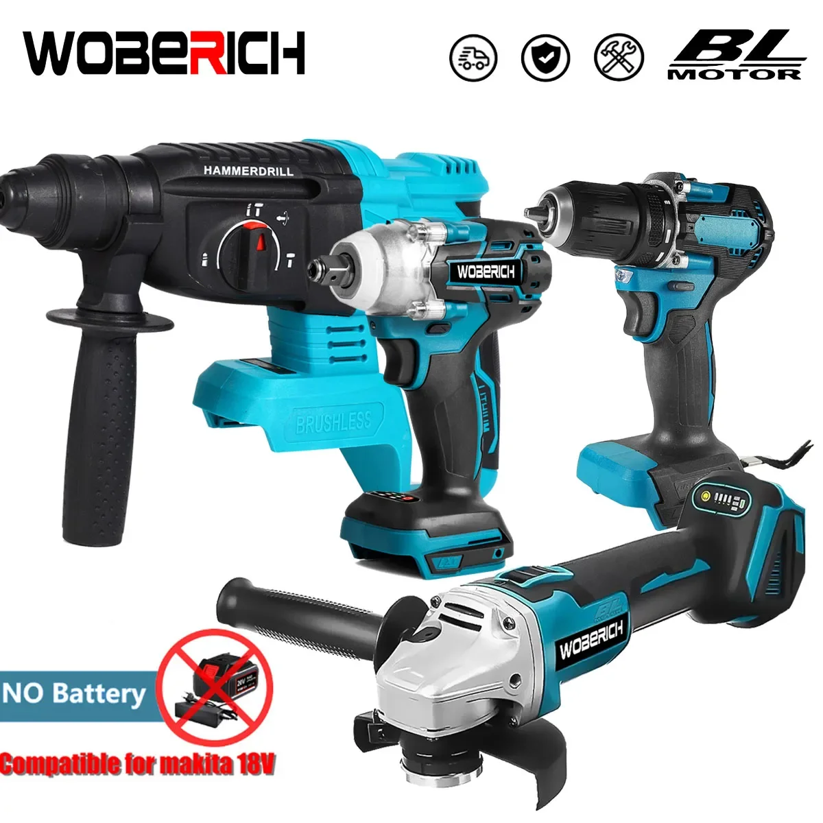 

Brushless Combo Kit Power Tool Sets Electric Drill+Impact Wrench+Angle Grinder+ Electric Hammer Drill For Makita（NO battery）