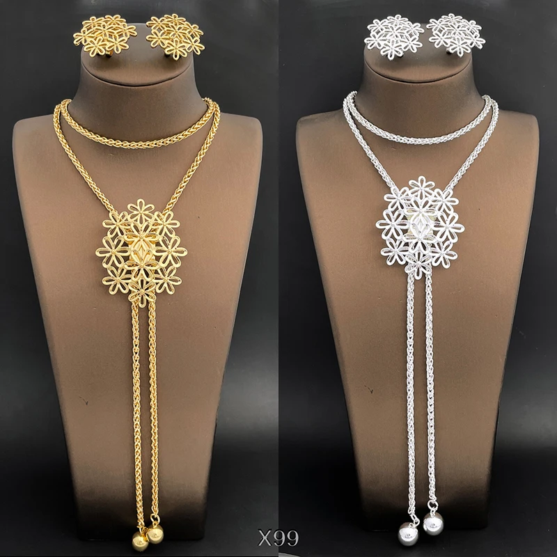 85CM Long Chain Pendant Necklace And Earrings For Women Gold Color Fashion Jewelry Setensemble de bijoux en plaqué or italien