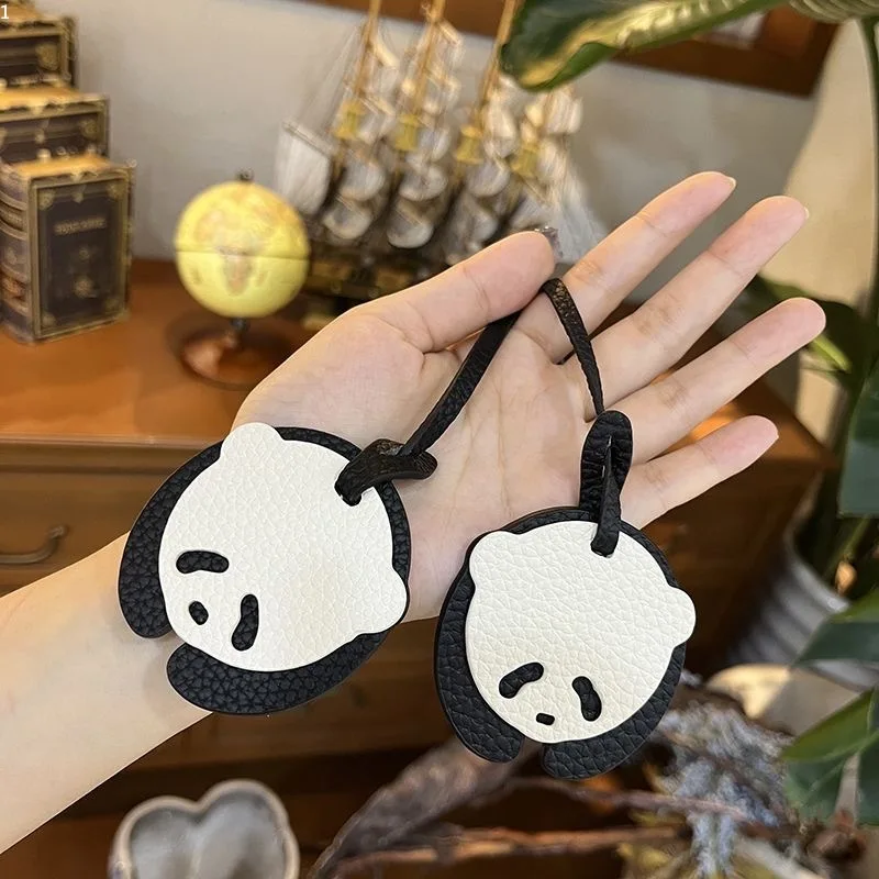 

Giant Panda Bag Hanging Accessories Keychain Cartoon Panda Litchi Pattern Cowhide Leather Bag Hanging Car Hanging Decoration